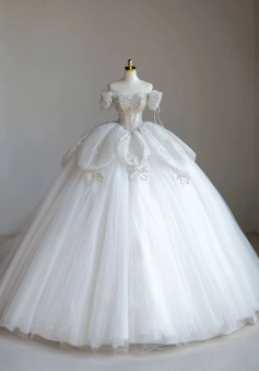 Sparkly Ball Gown Wedding Dresses For Bride 2025 Sweetheart Neckline Beading Sequins Short Sleeve Off The Shoulder Bridal Dresses   