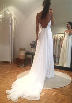 Long Spaghetti Strap A-line V-Neck White Wedding Dress     