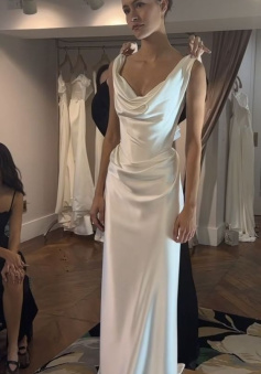 Sexy Sheath Off The Shoulder Satin Long Wedding Dresses  