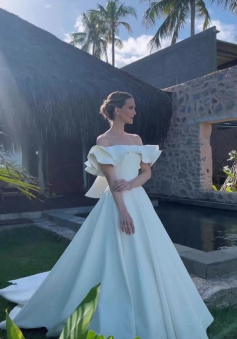 Gorgeous Long Off The Shoulder A Line Satin Wedding Dresses    