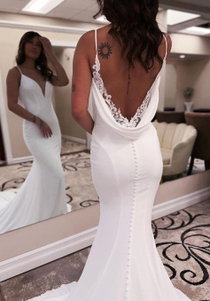 Unique Mermaid V Neck Satin Wedding Dress with Appliques    
