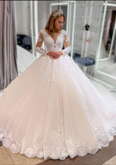 Classy Long Princess Appliques Lace Tulle Wedding Dress with Sleeves     