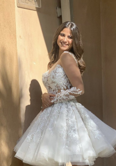 A Line Unique Short Wedding Dress with Lace Appliques    