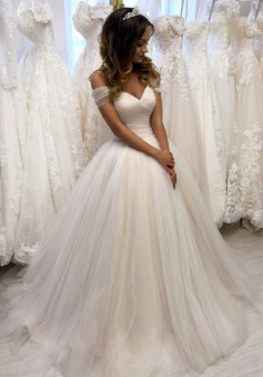 Off the Shoulder Tulle Wedding Dresses Pleated Ivory Wedding Gowns with Lace Up Simple Bridal Dress    