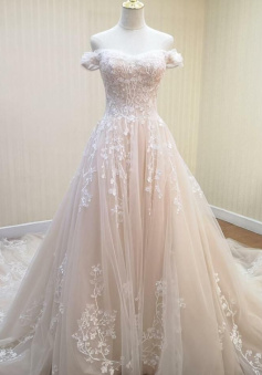 Off The Shoulder Wedding Dress With Sweep Train    