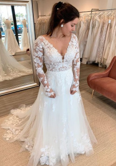 A-line Long Sleeve Lace Wedding Dress      