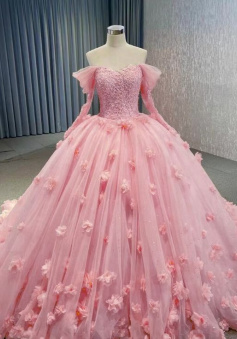 Pink Tulle Off the Shoulder Appliques Ball Gown Wedding Dress Sweet 16 Dresses    