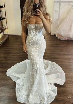 Charming Strapless Mermaid Princess Beach Vintage Long Wedding Dresses, Bridal Gown       