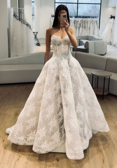 A Line Strapless Lace Long Wedding Dresses Bridal Gown       