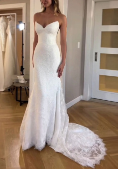 Mermaid V Neck Lace Long Wedding Dresses, Elegant Wedding Dress       