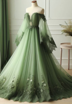 Green Off The Shoulder Wedding Dress Lace Applique V-Neck Tulle Bridal Gown      