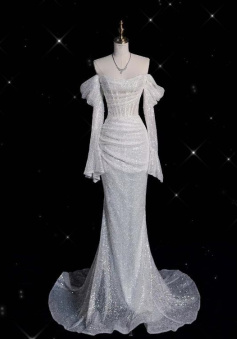 Glitter Corset Sequins Wedding Dress Mermaid Prom Dress     