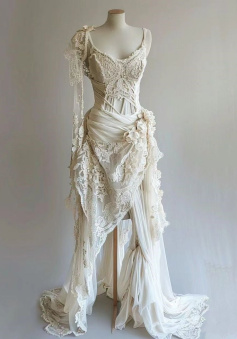 Vintage Unique Long Lace Prom Dress Wedding Dress Bridal Gown   