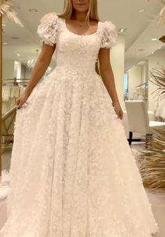 A Line Long Lace Prom Dress Wedding Dress Unique Bridal Gown   