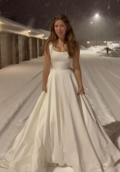 A Line Long Satin Wedding Dress Square Neck Bridal Gown   