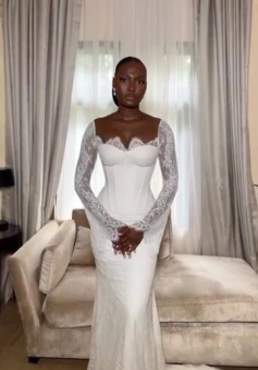 White Mermaid Wedding Dress Elegant African Lace Long Sleeves Bridal Gown   