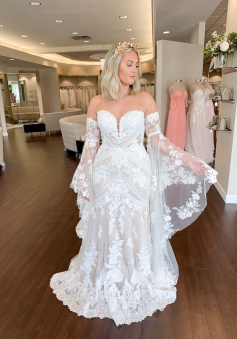 Bell Sleeves Lace Wedding Dresses Sweetheart Mermaid Bridal Gowns     