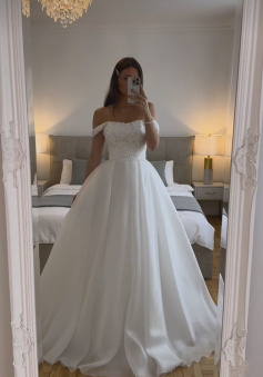 White Off The Shoulder Wedding Dresses A Line Long Bridal Gowns     