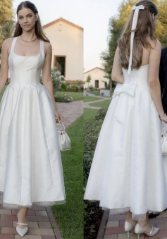 Satin Tulle Midi Wedding Dress, Simple Square Neckline Tea Length Formal Prom Dress     