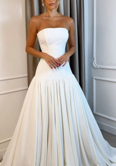 A Line White Strapless Satin Elegant Wedding Dresses Princess Bridal Gown      