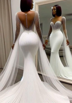 White Mermaid Long Elegant Wedding Dresses Princess Bridal Gown      