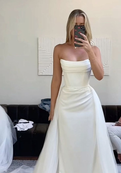 White Strapless Long Wedding Dress Princess Bridal Gown      