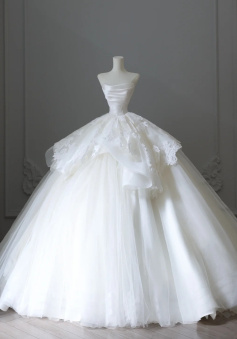 A Line Ball Gown White Tulle Long Wedding Dress Princess Bridal Gown      