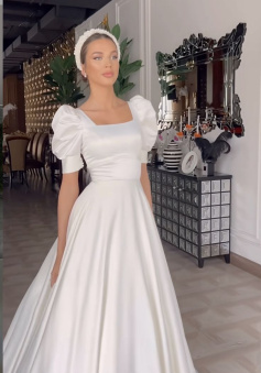 A Line Satin White Long Wedding Dress Princess Bridal Gown      