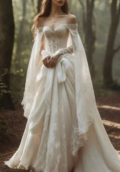 Vintage Off The Shoulder Wedding Dress with Cape Lace Up Lace Applique Bridal Dress  