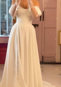 Off Shoulder Long Lace Long Sleeves Wedding Dress Bridal Gown  