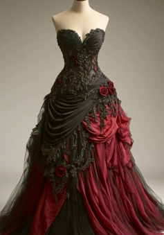 Gothic Victorian Wedding Dress, Pleated Floral Rose 3D Custom Black Burgundy Gown  
