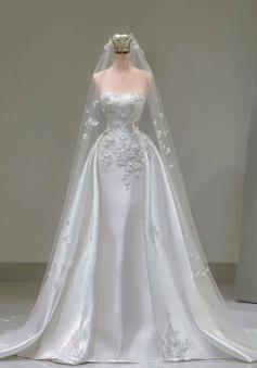 A Line White Long Satin 3D Floral Wedding Dress Bridal Gown  