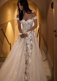 off the shoulder sweetheart applique lace long sleeves long wedding dress    