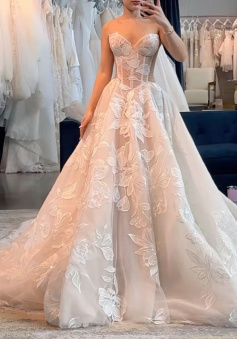 A Line Long Wedding Dress Strapless Lace Up Back Bridal Gown  