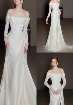 Elegant Off Shoulder Lace Wedding Dress Long Bridal Gown  