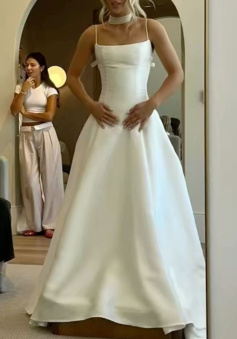 A Line White Satin Elegant Wedding Dress Long Bridal Gown  
