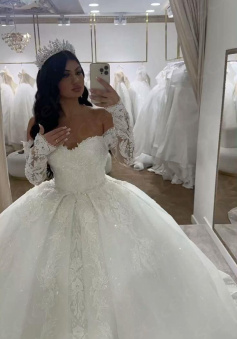 Luxury Tulle Lace A-Line Wedding Dress Off Shoulder Long Sleeves Bridal Gown  
