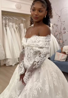 Off Shoulder Lace A-Line Wedding Dress, Long Sleeves Lace Bridal Gown  