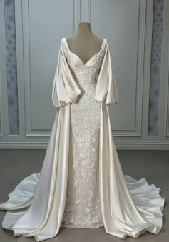 Luxury Wedding Dresses, Ivory Satin Lace A-line Bridal Gowns  