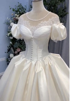 Luxury Wedding Dresses, Short Sleeves Satin Lace A-line Bridal Gowns  