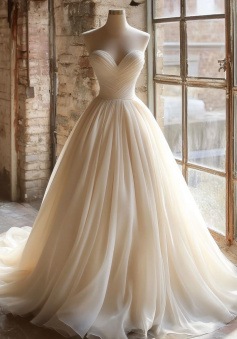 A Line Strapless Unique Long Wedding Dress Evening Party Dresses   