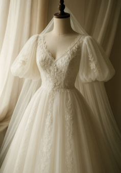 A Line Tulle Lace Puffy Sleeves Wedding Dress Bridal Dresses   