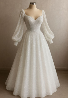 A Line Long Sleeves Shiny Long Bridal Gown Wedding Dress   