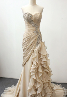 Vintage Mermaid Strapless Champagne Chiffon Prom Dresses Wedding Dress   