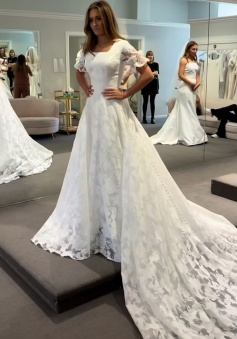 A Line White Square Neck Long Princess Wedding Dress   