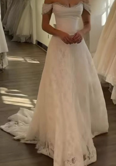 A Line White Off Shoulder Long Princess Wedding Dress   