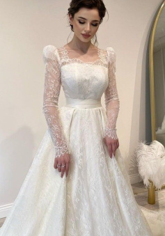 A Line White Lace Long Sleeves Princess Wedding Dress   