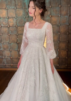 A Line White Square Neck Long Princess Wedding Dress   