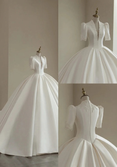 A Line White Deep V Neck Short Sleeves Satin Long Princess Wedding Dress   