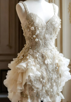 Luxury Pearl Ruffle Short Wedding Dress, Vintage Mini Prom Dress